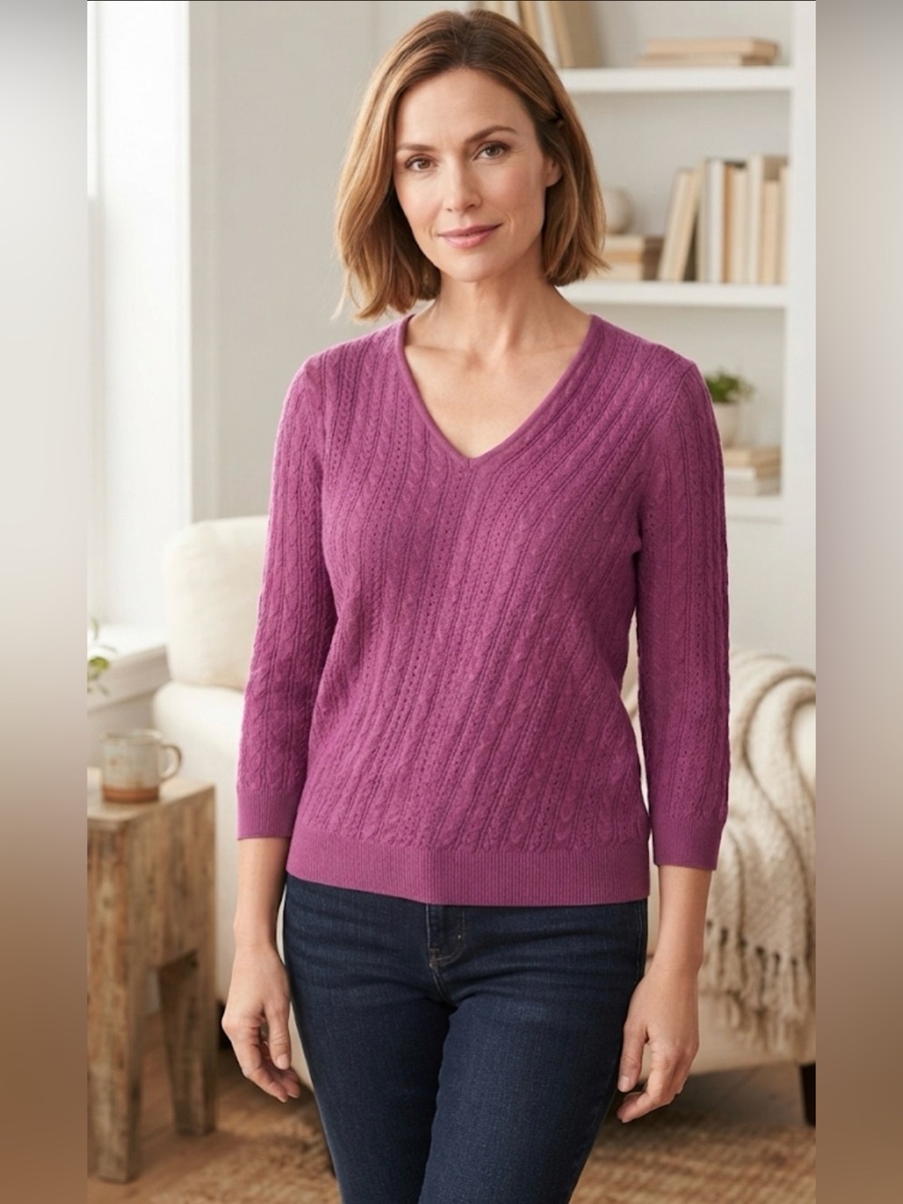 Talbots V-Neck Cable Knit Pullover Sweater Petite Large Purple⁠